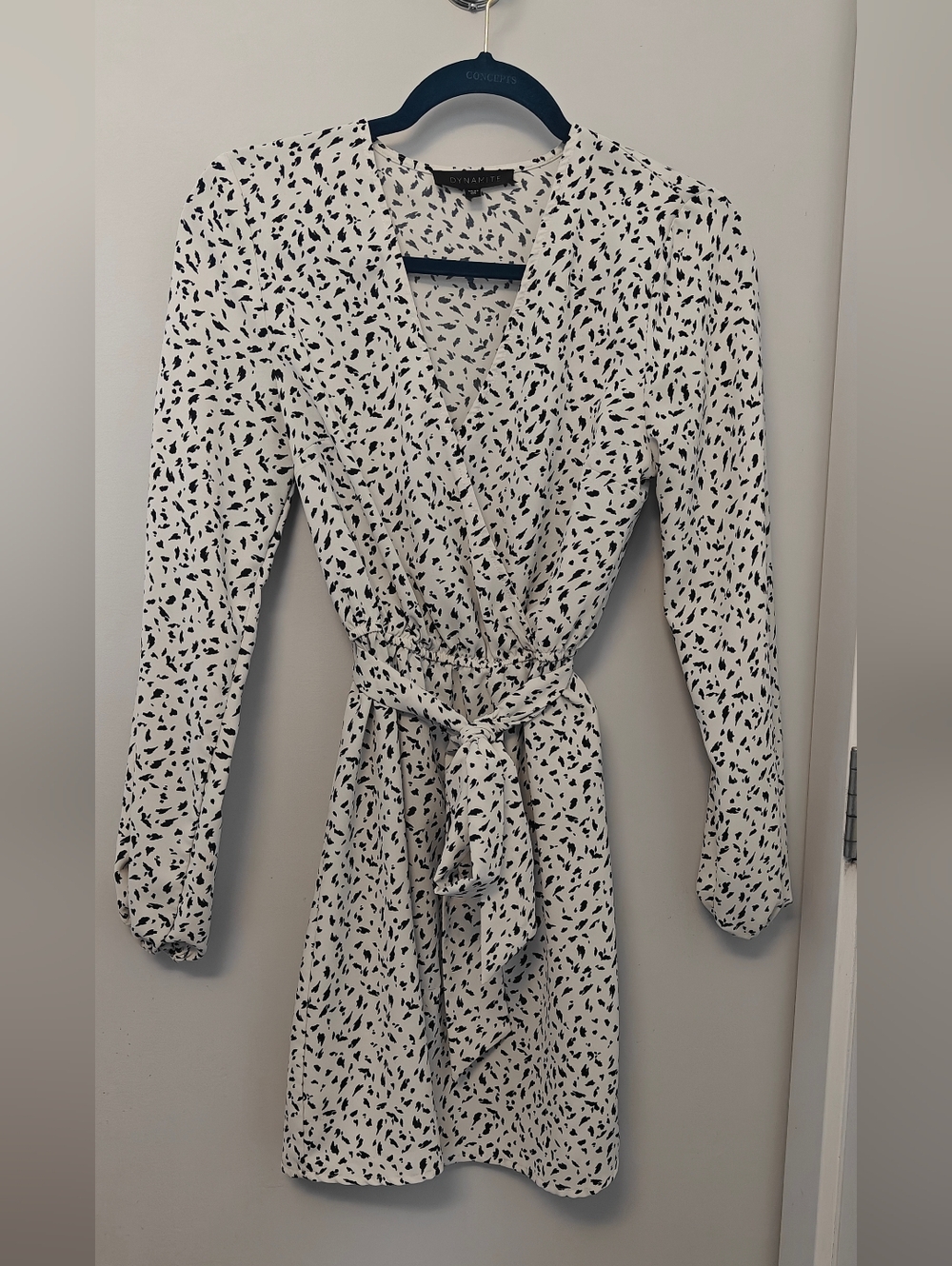 Dynamite White Wrap Dress with Black Abstract Print